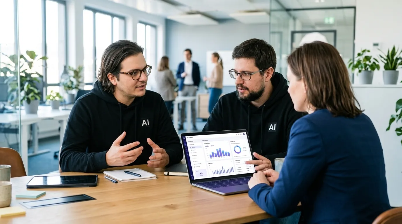 Das Team zeigt einem Kunden das Dashboard